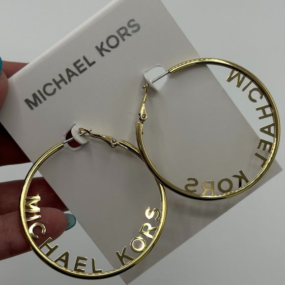 COPY - NWT MICHAEL KORS Womens Large Gold Hoop Earrings MK Logo Rim, 2" Wide - Picture 1 of 8